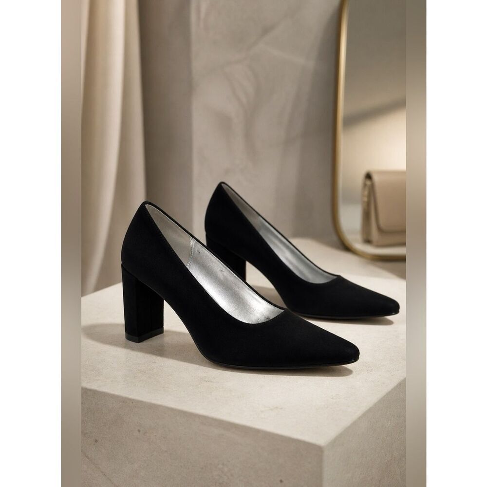 NINA BLACK COMPOSITION LEATHER PUMPS WITH 3.5” HEEL EUC